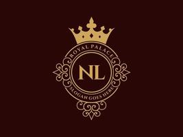 lettre nl logo victorien de luxe royal antique avec cadre ornemental. vecteur