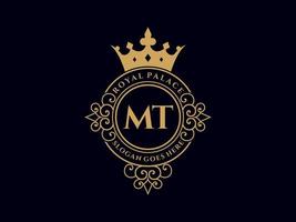 lettre mt logo victorien de luxe royal antique avec cadre ornemental. vecteur