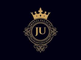 lettre ju logo victorien de luxe royal antique avec cadre ornemental. vecteur