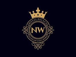 lettre nw logo victorien de luxe royal antique avec cadre ornemental. vecteur