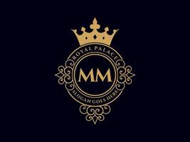 lettre mm logo victorien de luxe royal antique avec cadre ornemental. vecteur
