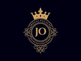 lettre jo logo victorien de luxe royal antique avec cadre ornemental. vecteur