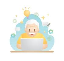 heureux vieil homme utilise un ordinateur portable pour travailler ou apprendre vecteur d'illustration