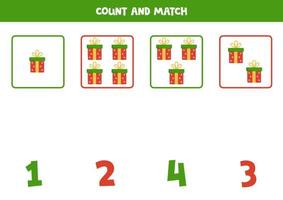 jeu de comptage pour les enfants. comptez tous les cadeaux de Noël et faites correspondre les chiffres. feuille de travail pour les enfants. vecteur