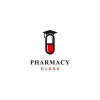 création de logo de classe de pharmacie sur fond isolé. capsule avec concept de logo de chapeau de graduation vecteur