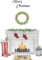 illustration à l'aquarelle d'une cheminée moderne avec chaussettes, décor, arbre de noël, bougie, cadeaux de boules, couronne. décoration de bonne année. joyeuses fêtes de noël. vecteur