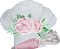 chapeau de confiseur pâtissier blanc aquarelle avec fleurs et verdure. illustration de boulangerie pour invitation, pâtisserie, menu, logos vecteur