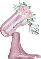mélangeur planétaire de pâtisserie aquarelle rose turquoise avec un fouet et avec des fleurs et de la verdure. illustration de boulangerie pour invitation, pâtisserie, menu, logos vecteur