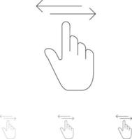 gestes du doigt main gauche droite jeu d'icônes de ligne noire audacieuse et mince vecteur