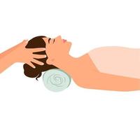 massage de la tête à une femme dans un salon de spa. le masseur masse la tête, les cheveux, le cuir chevelu, le visage. dame profite d'un traitement relaxant, de l'aromathérapie. illustration vectorielle vecteur