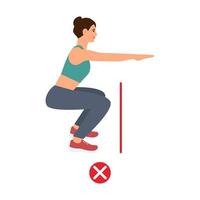 femme faisant de l'exercice sportif. entraînement physique mauvais squats. posture incorrecte. illustration vectorielle isolée vecteur