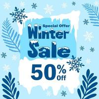 bannière de promotion des soldes d'hiver, bannière carrée d'offres spéciales d'hiver, publicité sur les médias sociaux, vecteur de fond d'hiver