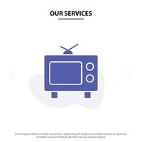 nos services tv télévision médias solide glyphe icône modèle de carte web vecteur