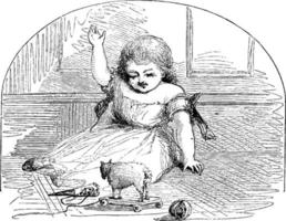petite fille avec jouet mouton, illustration vintage. vecteur