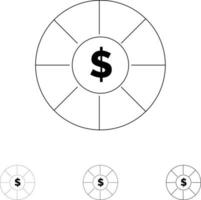 pièce de monnaie dollar jeu d'icônes de ligne noire audacieuse et mince vecteur