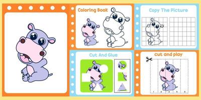 pack de feuilles de calcul pour les enfants avec le vecteur hippopotame. livre d'étude pour enfants