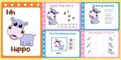 pack de feuilles de calcul pour les enfants avec le vecteur hippopotame. livre d'étude pour enfants