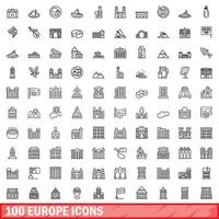 Ensemble de 100 icônes d'Europe, style de contour vecteur