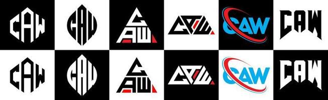 création de logo de lettre caw en six styles. caw polygone, cercle, triangle, hexagone, style plat et simple avec logo de lettre de variation de couleur noir et blanc dans un plan de travail. caw logo minimaliste et classique vecteur