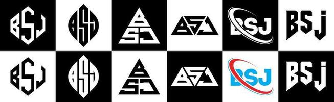 création de logo de lettre bsj en six styles. polygone bsj, cercle, triangle, hexagone, style plat et simple avec logo de lettre de variation de couleur noir et blanc dans un plan de travail. logo bsj minimaliste et classique vecteur