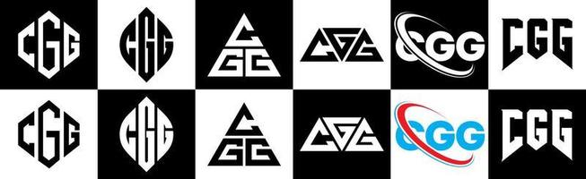 création de logo de lettre cgg en six styles. polygone cgg, cercle, triangle, hexagone, style plat et simple avec logo de lettre de variation de couleur noir et blanc dans un plan de travail. logo cgg minimaliste et classique vecteur