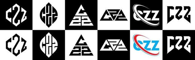 création de logo de lettre czz en six styles. czz polygone, cercle, triangle, hexagone, style plat et simple avec logo de lettre de variation de couleur noir et blanc dans un plan de travail. logo minimaliste et classique czz vecteur