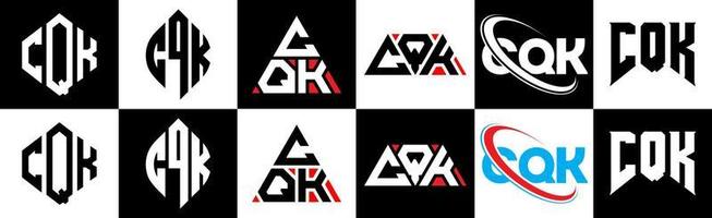 création de logo de lettre cqk en six styles. cqk polygone, cercle, triangle, hexagone, style plat et simple avec logo de lettre de variation de couleur noir et blanc dans un plan de travail. cqk logo minimaliste et classique vecteur