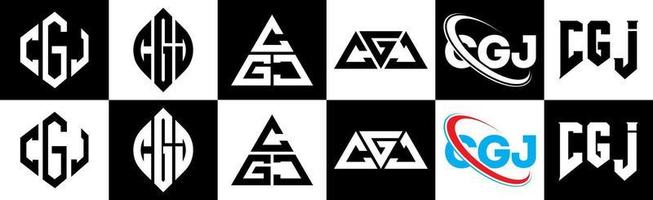 création de logo de lettre cgj en six styles. cgj polygone, cercle, triangle, hexagone, style plat et simple avec logo de lettre de variation de couleur noir et blanc dans un plan de travail. cgj logo minimaliste et classique vecteur