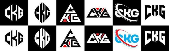 création de logo de lettre ckg en six styles. ckg polygone, cercle, triangle, hexagone, style plat et simple avec logo de lettre de variation de couleur noir et blanc dans un plan de travail. ckg logo minimaliste et classique vecteur