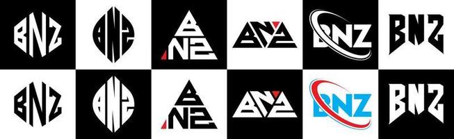 création de logo de lettre bnz en six styles. bnz polygone, cercle, triangle, hexagone, style plat et simple avec logo de lettre de variation de couleur noir et blanc dans un plan de travail. logo bnz minimaliste et classique vecteur