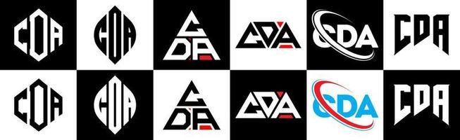 création de logo de lettre cda en six styles. cda polygone, cercle, triangle, hexagone, style plat et simple avec logo de lettre de variation de couleur noir et blanc dans un plan de travail. cda logo minimaliste et classique vecteur