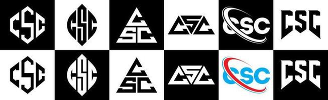 création de logo de lettre csc en six styles. csc polygone, cercle, triangle, hexagone, style plat et simple avec logo de lettre de variation de couleur noir et blanc dans un plan de travail. logo minimaliste et classique du csc vecteur