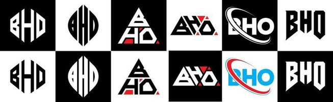 création de logo de lettre bho en six styles. bho polygone, cercle, triangle, hexagone, style plat et simple avec logo de lettre de variation de couleur noir et blanc dans un plan de travail. logo bho minimaliste et classique vecteur