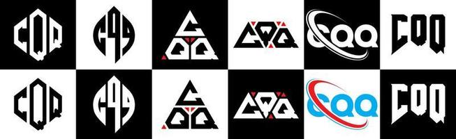 création de logo de lettre cqq en six styles. cqq polygone, cercle, triangle, hexagone, style plat et simple avec logo de lettre de variation de couleur noir et blanc dans un plan de travail. cqq logo minimaliste et classique vecteur