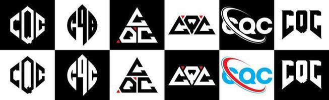 création de logo de lettre cqc en six styles. cqc polygone, cercle, triangle, hexagone, style plat et simple avec logo de lettre de variation de couleur noir et blanc dans un plan de travail. logo cqc minimaliste et classique vecteur