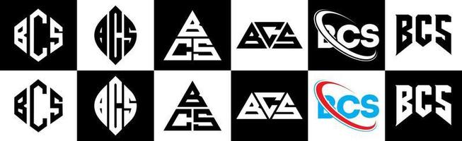 création de logo de lettre bcs en six styles. bcs polygone, cercle, triangle, hexagone, style plat et simple avec logo de lettre de variation de couleur noir et blanc dans un plan de travail. logo bcs minimaliste et classique vecteur