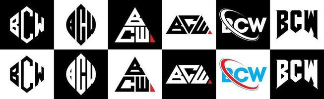 création de logo de lettre bcw en six styles. polygone bcw, cercle, triangle, hexagone, style plat et simple avec logo de lettre de variation de couleur noir et blanc dans un plan de travail. bcw logo minimaliste et classique vecteur