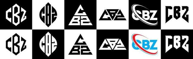 création de logo de lettre cbz en six styles. cbz polygone, cercle, triangle, hexagone, style plat et simple avec logo de lettre de variation de couleur noir et blanc dans un plan de travail. cbz logo minimaliste et classique vecteur