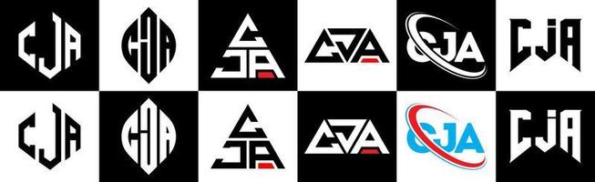 création de logo de lettre cja en six styles. cja polygone, cercle, triangle, hexagone, style plat et simple avec logo de lettre de variation de couleur noir et blanc dans un plan de travail. cja logo minimaliste et classique vecteur