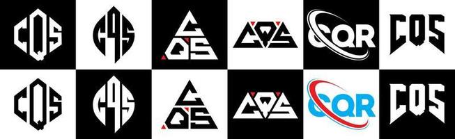 création de logo de lettre cqs en six styles. cqs polygone, cercle, triangle, hexagone, style plat et simple avec logo de lettre de variation de couleur noir et blanc dans un plan de travail. cqs logo minimaliste et classique vecteur