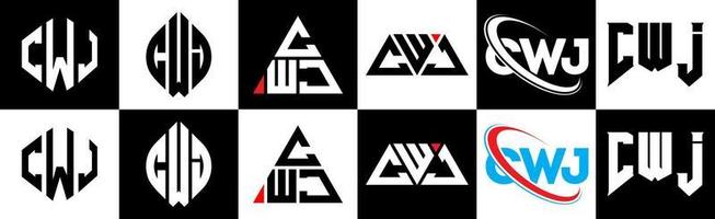 création de logo de lettre cwj en six styles. cwj polygone, cercle, triangle, hexagone, style plat et simple avec logo de lettre de variation de couleur noir et blanc dans un plan de travail. cwj logo minimaliste et classique vecteur