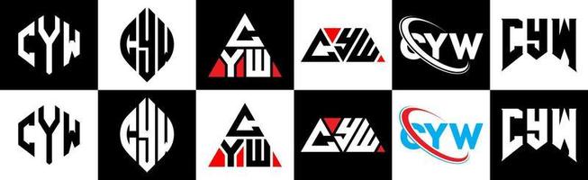 création de logo de lettre cyw en six styles. cyw polygone, cercle, triangle, hexagone, style plat et simple avec logo de lettre de variation de couleur noir et blanc dans un plan de travail. cyw logo minimaliste et classique vecteur