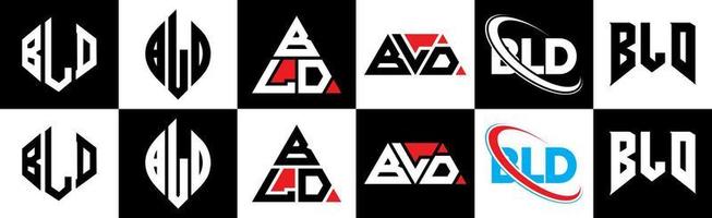 création de logo de lettre bld en six styles. bld polygone, cercle, triangle, hexagone, style plat et simple avec logo de lettre de variation de couleur noir et blanc dans un plan de travail. logo minimaliste et classique bld vecteur