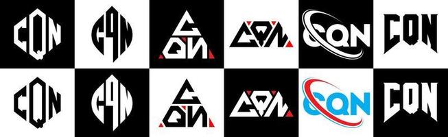 création de logo de lettre cqn en six styles. cqn polygone, cercle, triangle, hexagone, style plat et simple avec logo de lettre de variation de couleur noir et blanc dans un plan de travail. cqn logo minimaliste et classique vecteur