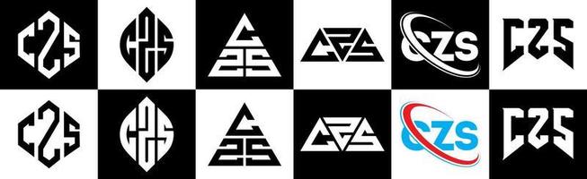 création de logo de lettre czs en six styles. czs polygone, cercle, triangle, hexagone, style plat et simple avec logo de lettre de variation de couleur noir et blanc dans un plan de travail. logo minimaliste et classique czs vecteur