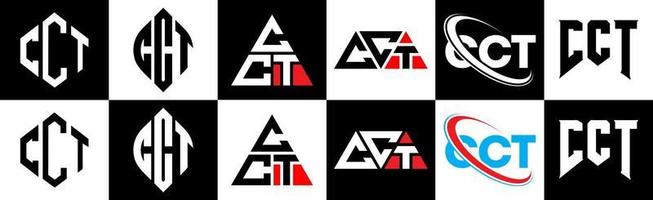 création de logo de lettre cct en six styles. cct polygone, cercle, triangle, hexagone, style plat et simple avec logo de lettre de variation de couleur noir et blanc dans un plan de travail. cct logo minimaliste et classique vecteur