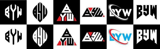 création de logo de lettre byw en six styles. byw polygone, cercle, triangle, hexagone, style plat et simple avec logo de lettre de variation de couleur noir et blanc dans un plan de travail. byw logo minimaliste et classique vecteur