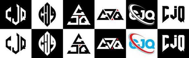 création de logo de lettre cjq en six styles. cjq polygone, cercle, triangle, hexagone, style plat et simple avec logo de lettre de variation de couleur noir et blanc dans un plan de travail. cjq logo minimaliste et classique vecteur