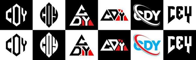 création de logo de lettre cdy en six styles. cdy polygone, cercle, triangle, hexagone, style plat et simple avec logo de lettre de variation de couleur noir et blanc dans un plan de travail. cdy logo minimaliste et classique vecteur