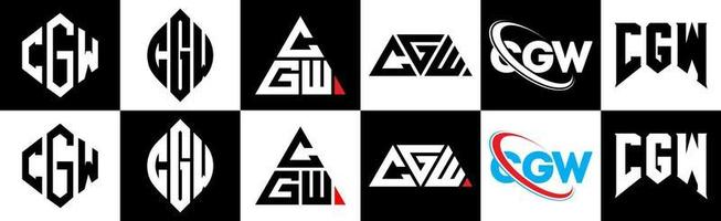 création de logo de lettre cgw en six styles. cgw polygone, cercle, triangle, hexagone, style plat et simple avec logo de lettre de variation de couleur noir et blanc dans un plan de travail. cgw logo minimaliste et classique vecteur